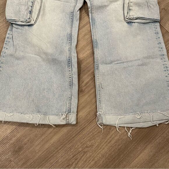 Zara TRF Mid Rise Cargo Baggy Loose Fit Light Tan Wide Leg Y2K Denim - Picture 5 of 8